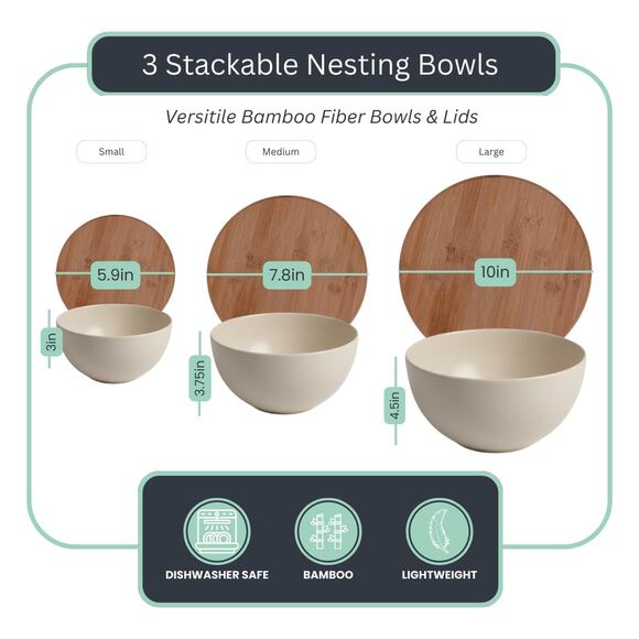 Bamboo Serving Bowl Set with Cutting Board Lids – Cream (3 Bowls + Utensils) - Picture 4 of 6